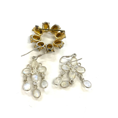 531 - Pair ladies vintage silver and moonstone set drop earrings together with moonstone brooch