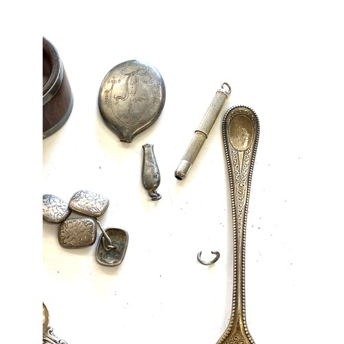 528 - Selection of hallmarked silver items to include spoons, bottle lid, cufflinks total approximate weig... 