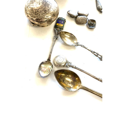 528 - Selection of hallmarked silver items to include spoons, bottle lid, cufflinks total approximate weig... 