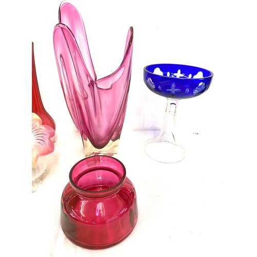 196 - Selection of coloured art glass includes signed vase, vaseline glass etc