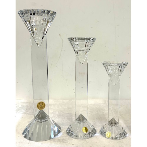 95 - Set of Czech Republic graduated glass candle sticks, largest measures approx 10 inches tall