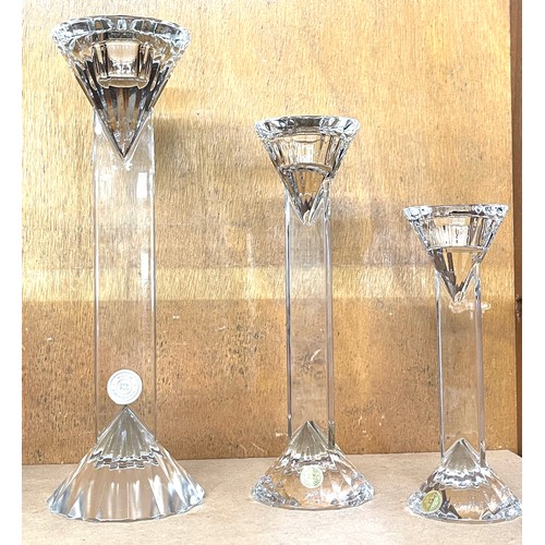 95 - Set of Czech Republic graduated glass candle sticks, largest measures approx 10 inches tall