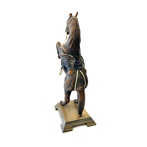 90 - Vintage leather prancing horse on stand, approximate overall height: 17 inches