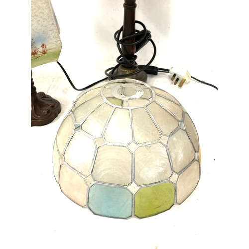 208 - 2 Vintage table lamps with glass shades, to include one other table lamp and plastic ceiling lightsh... 