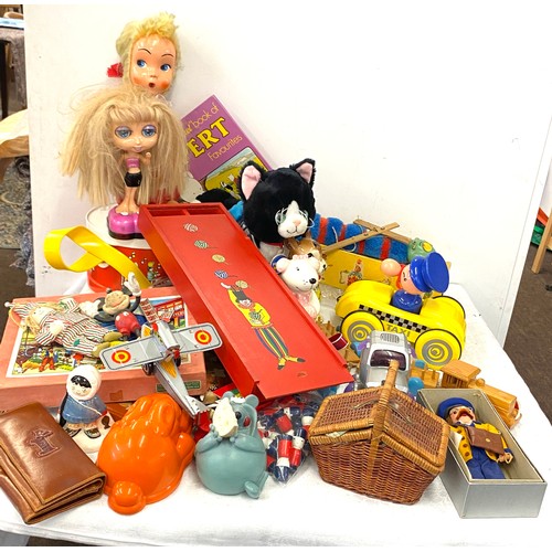 355 - Box of assorted vintage toys, games, dolls, Looby loo, Pelham puppet, fisher price etc