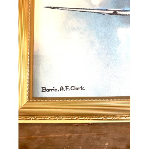 114 - Framed 1970's print of a spitfire by Barrie A F Clark, approximate frame measurements: 23 x 39 inche... 