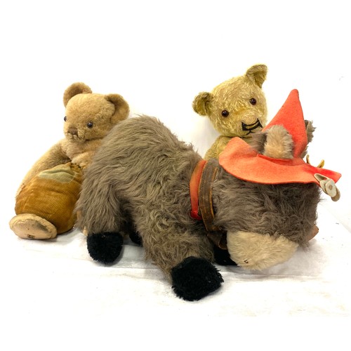 326 - 2 Antique vintage teddy bears (one is a Merrythought 1930's) and a donkey soft toy