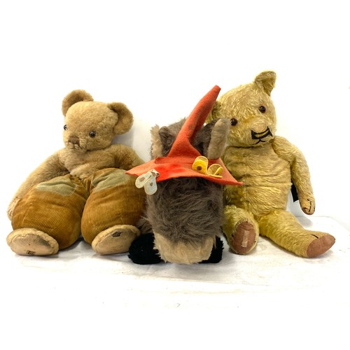 326 - 2 Antique vintage teddy bears (one is a Merrythought 1930's) and a donkey soft toy