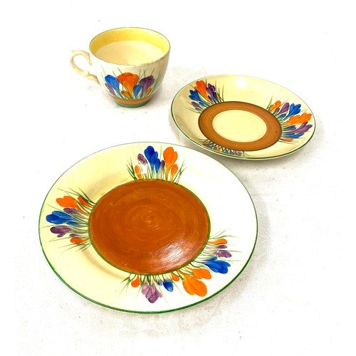 602 - Clarice Cliff Crocus pattern cup, saucer and plate