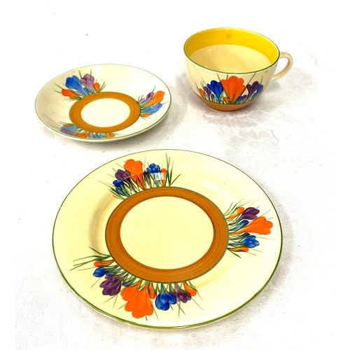 606 - Clarice Cliff Crocus pattern cup, saucer and plate