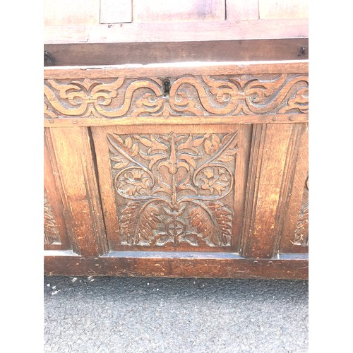 439 - Antique oak carved coffer, 3 panel detail, overall approximate measurements: Height 23 inches, Width... 