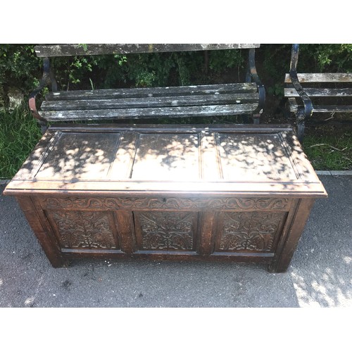 439 - Antique oak carved coffer, 3 panel detail, overall approximate measurements: Height 23 inches, Width... 