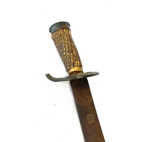 212 - 18th century English hunting sword with armoury, marking to blade, damage to hilt