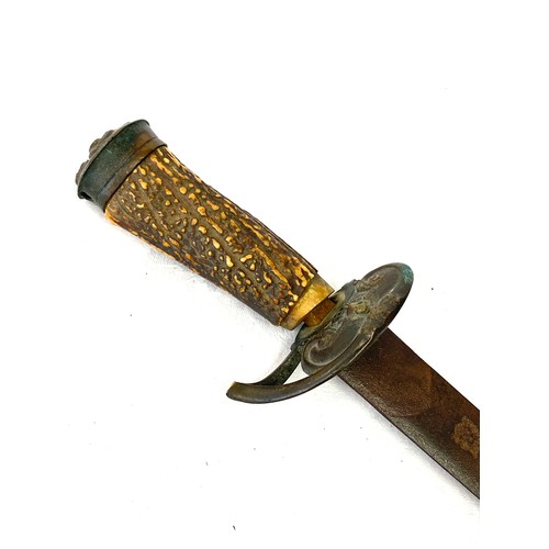 212 - 18th century English hunting sword with armoury, marking to blade, damage to hilt