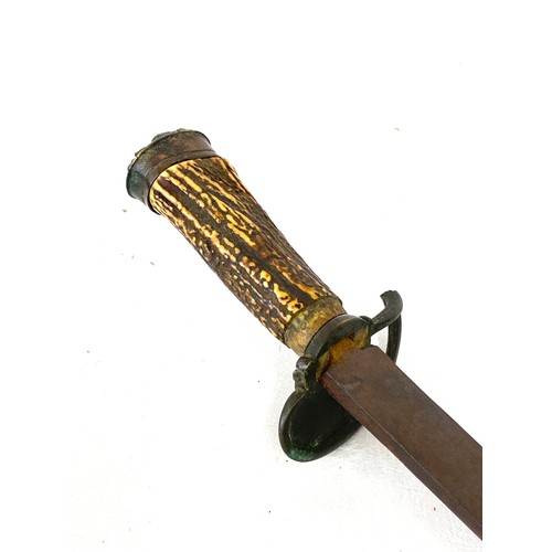 212 - 18th century English hunting sword with armoury, marking to blade, damage to hilt