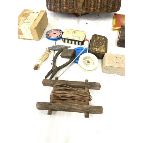 247 - Antique fishing creel with contents