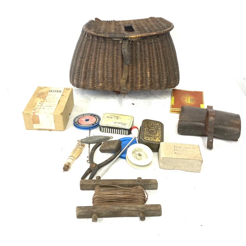 247 - Antique fishing creel with contents