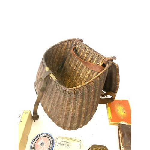 247 - Antique fishing creel with contents