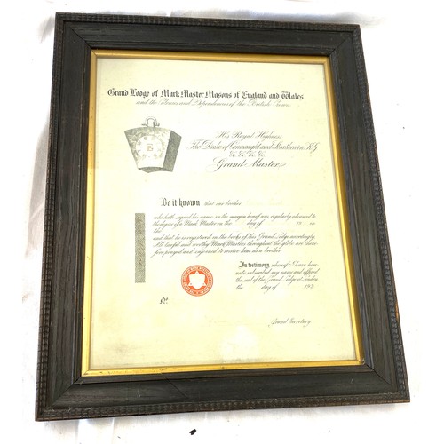 97 - 1920s framed masonic membership document measures approx 74 inches by 48 inches