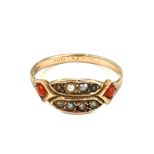 57 - 10ct coral and seed pearl ring, approximate weight 1.5g, ring size P