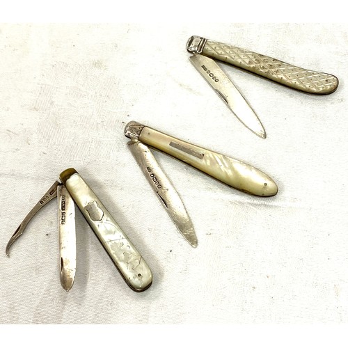 545 - 3 hallmarked silver and mother of pearl pen knifes