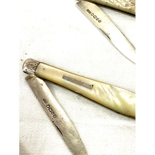 545 - 3 hallmarked silver and mother of pearl pen knifes