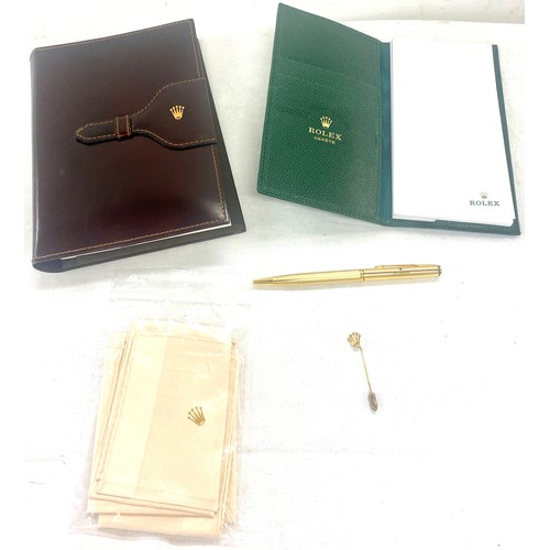 566 - Rolex gold tone blue ball point pen, Rolex tie pin, 2 Rolex hankies, Rolex green leather note pad, B... 