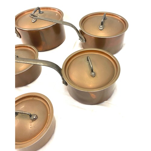 179 - Set of 5 Copper saucepans, tin lined, Bourget Professional, Mid 70s never been used