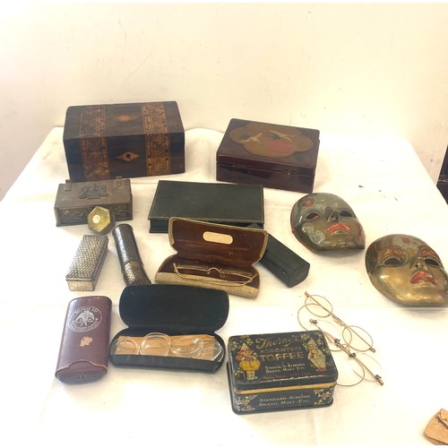 136 - Selection of antique and later spectacles, boxes, brass faces, cigarette case etc