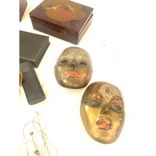 136 - Selection of antique and later spectacles, boxes, brass faces, cigarette case etc