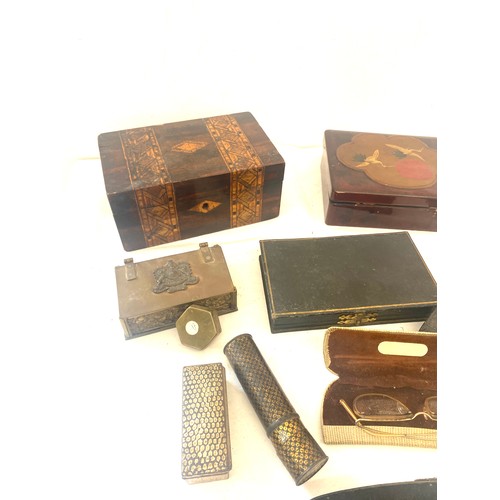 136 - Selection of antique and later spectacles, boxes, brass faces, cigarette case etc