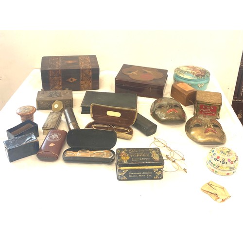 136 - Selection of antique and later spectacles, boxes, brass faces, cigarette case etc