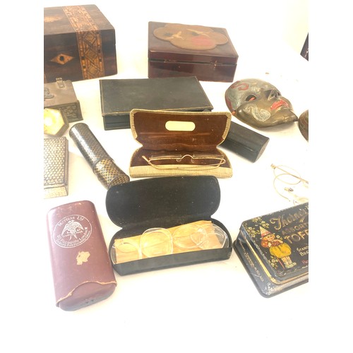 136 - Selection of antique and later spectacles, boxes, brass faces, cigarette case etc