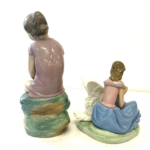 62 - Nao large girl figure, sitting on rocks, girl figure with swan, both in good overall condition