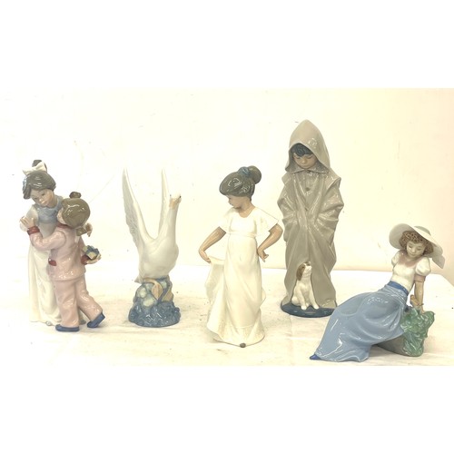 91 - Selection of 5 Nao figures to include boy with dog, girls present sharing, lady sat on rocks, swan e... 