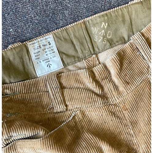 98 - Pair ladies Breeches cordoroy land army size 5 trousers, J B Hoyle and Co 1943 together with ladies ... 