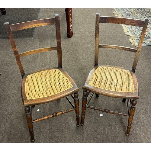 393 - 2 Cane and rush chairs by Joan Gilbert, plus straw footstool