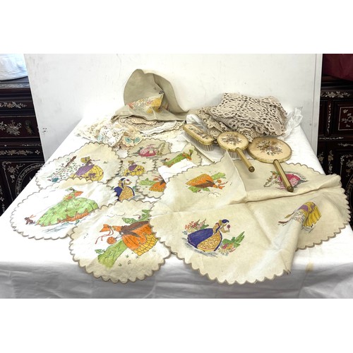 70 - Selection of vintage needlework pieces to include teapot cover, dressing table vanity set etc