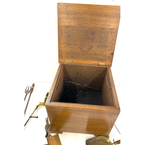 256 - Lined mahogany coal box with contents, Height 13.5 inches, Width 16 inches