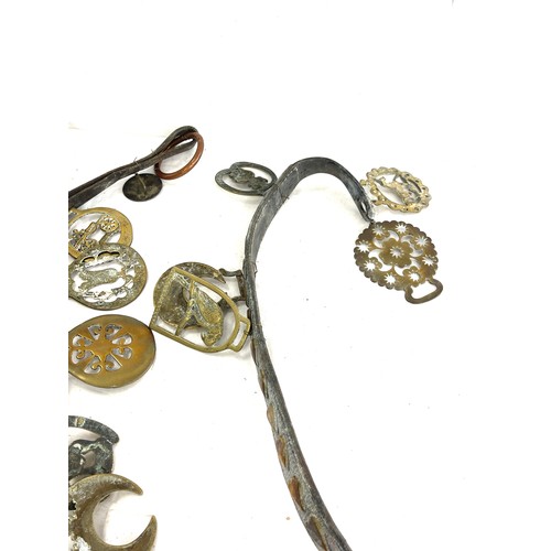 382 - Selection vintage brass pieces to include martingales, horse bit and stirrups