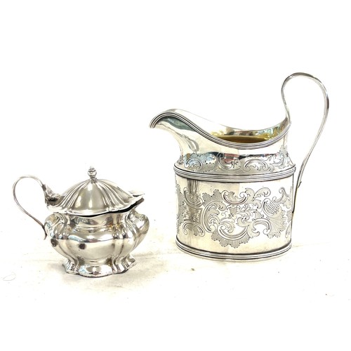 557 - Hallmarked Silver jug, hallmarked silver mustard pot with liner, silver weight approximately 262.5g