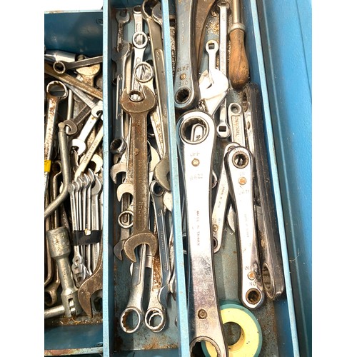 287 - Metal tool box and tools includes socket set, spanners etc