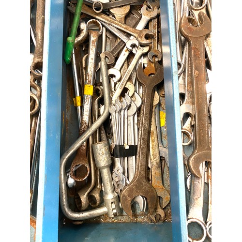 287 - Metal tool box and tools includes socket set, spanners etc