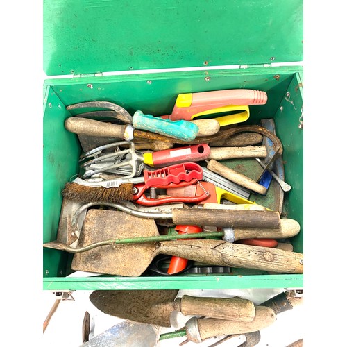 376 - Wooden tool box with gardening tools includes hand folk, hand shovel etc