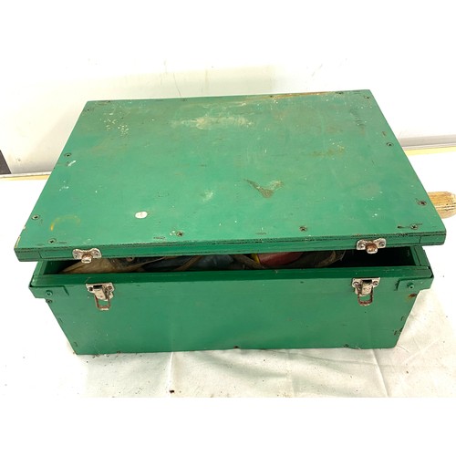 376 - Wooden tool box with gardening tools includes hand folk, hand shovel etc