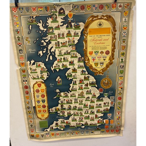 162 - 1953 national savings pictorial map of the British isles festivals and customs measures approx 39 in... 