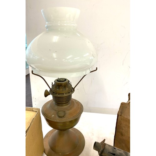 61 - Oil lamp with shade and a vintage blow touch and funnel.