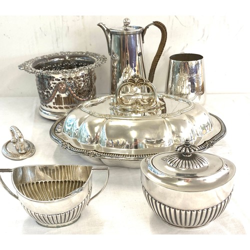 140 - Large selection of silver plated items includes walker and hall tureen, vintage ice bucket without g... 