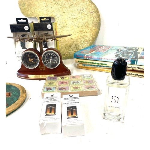 343 - Selection of miscellaneous to include paperweights, perfume, desk clock, artist paint palette etc