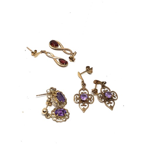 133 - 3 x 9ct gold gemstone drop earrings inc. amethyst & garnet (3.1g)